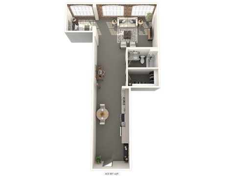A floor plan of a house with a kitchen, living room, and bathroom.